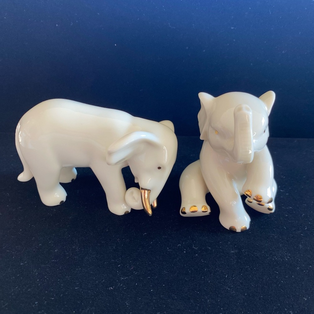 Elephant Pair Lenox White Ivory Figurines 24k Gold Painted Porcelain Trunks.